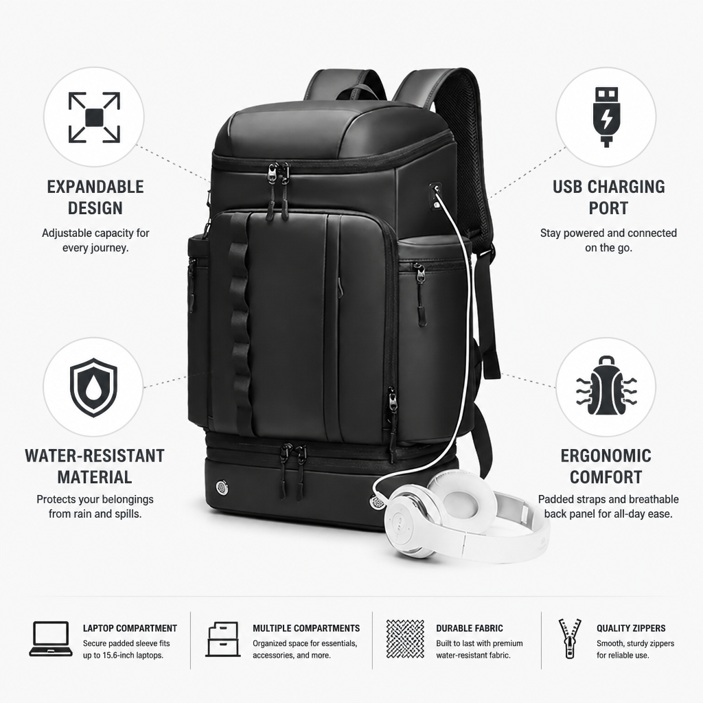 Expandable USB-Charging Water-Resistant Backpack (Laptop Compartment)
