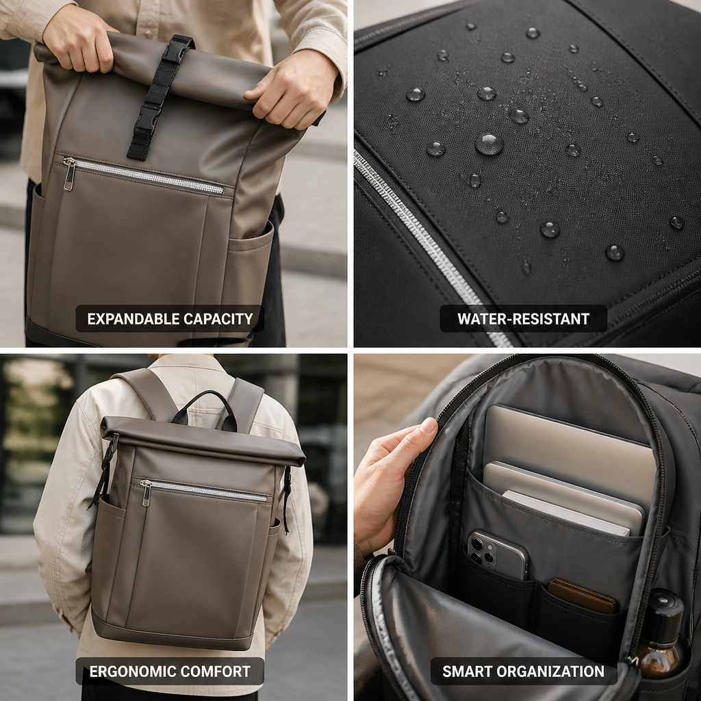 Expandable Water-Resistant Roll-Top Travel Backpack
