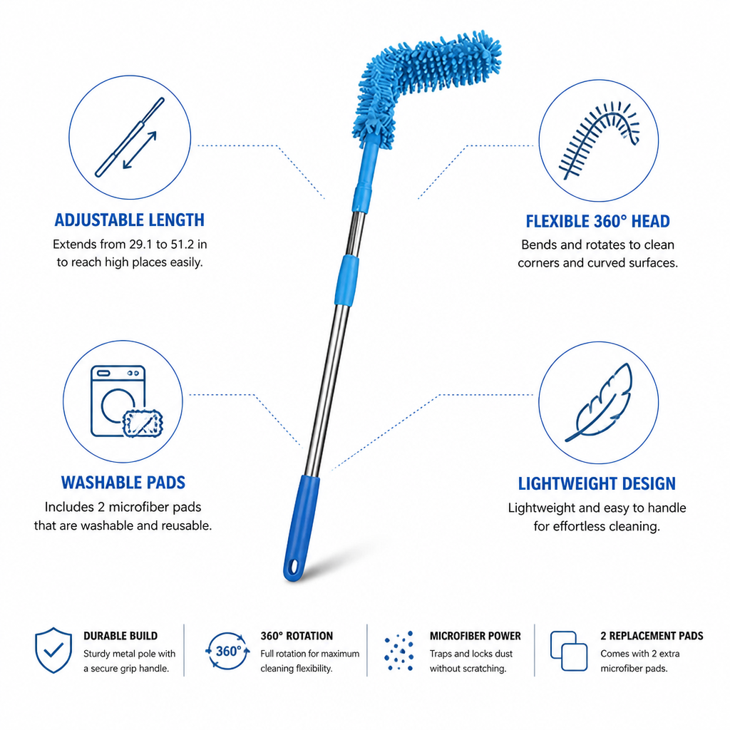 Extendable 360° Microfiber Duster (Washable Pads)