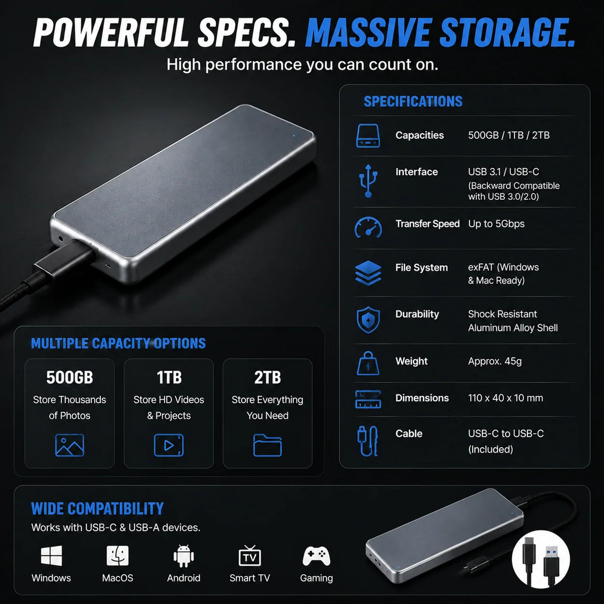 External SSD Portable Pocket-Size Storage Up to 16TB