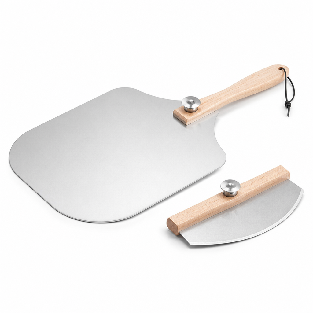 Extra-Large Aluminum Pizza Peel Set (Foldable Beech Handle & Rocker Cutter)