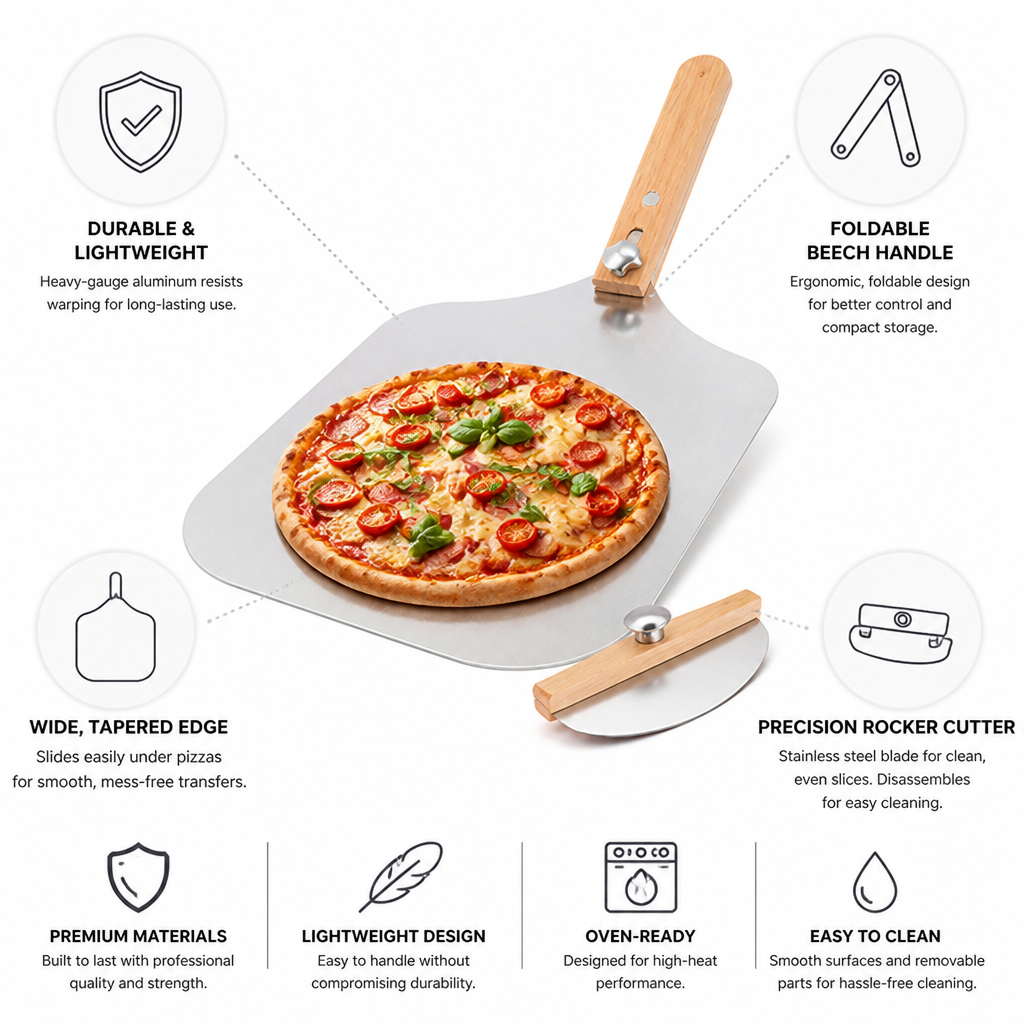 Extra-Large Aluminum Pizza Peel Set (Foldable Beech Handle & Rocker Cutter)