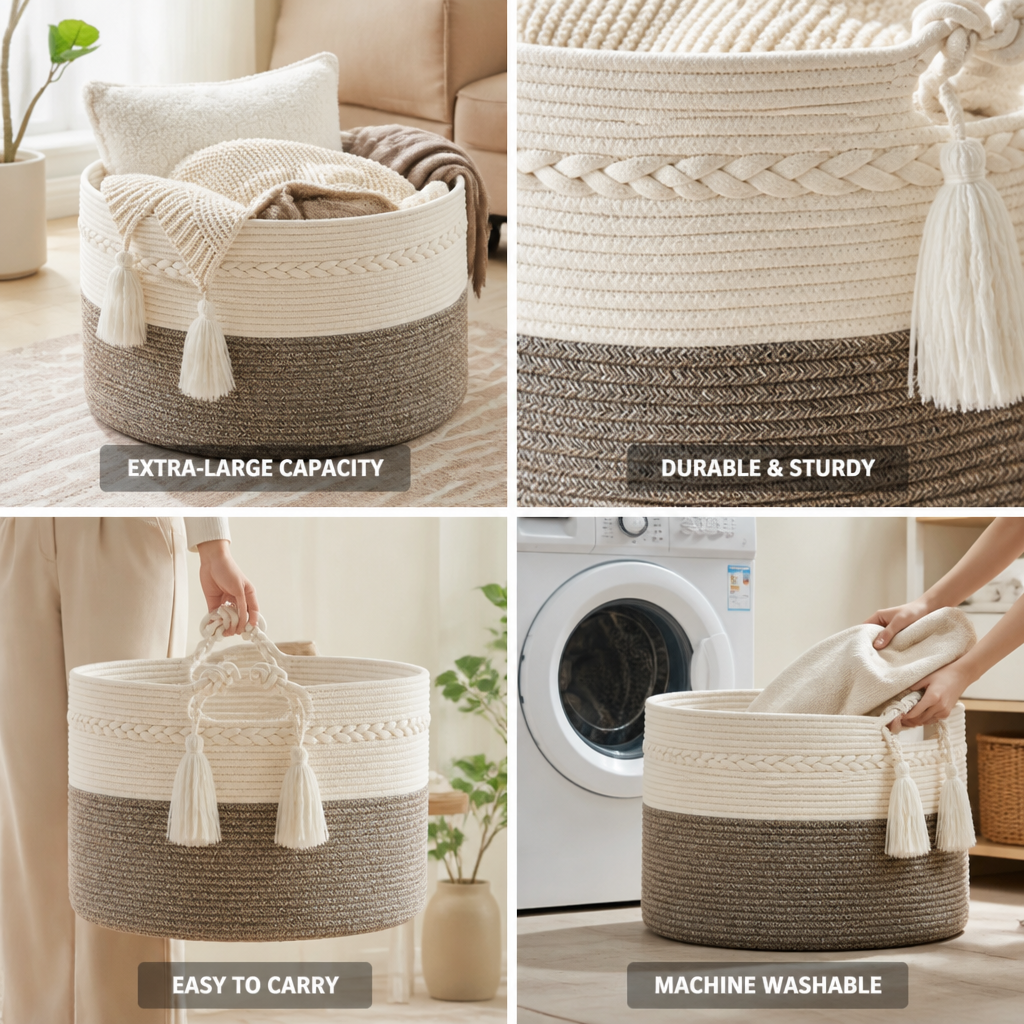 Extra-Large Woven Cotton Rope-Handle Storage Basket