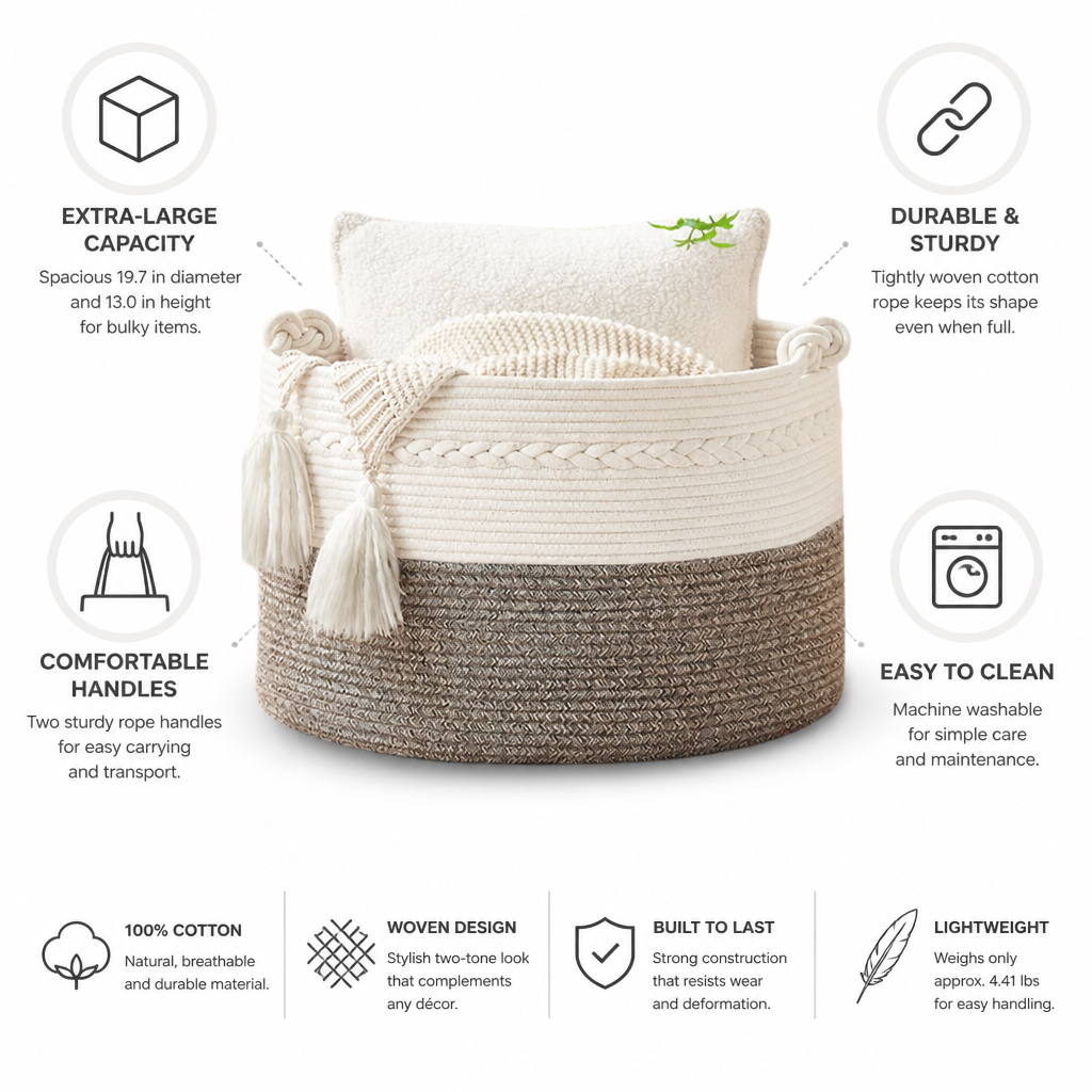 Extra-Large Woven Cotton Rope-Handle Storage Basket