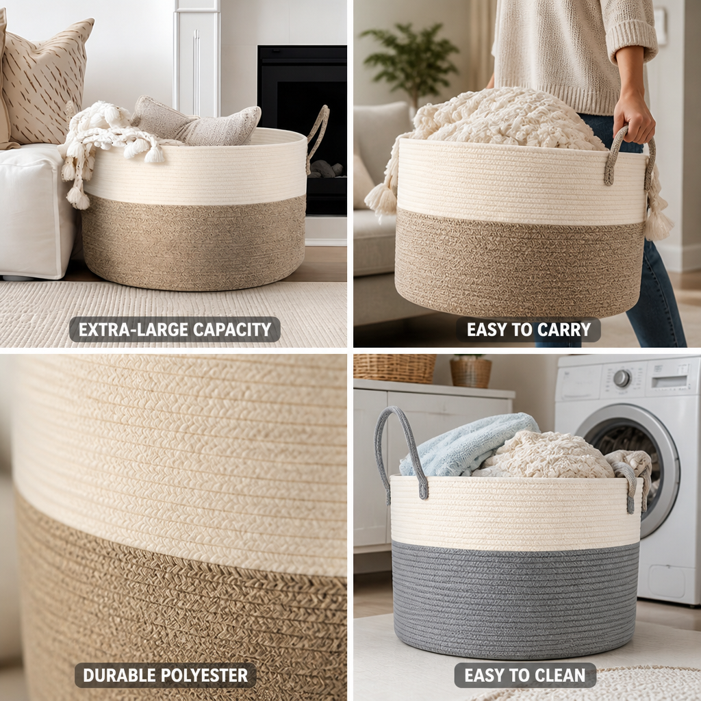 Extra-Large Woven Polyester Storage Basket With Handles