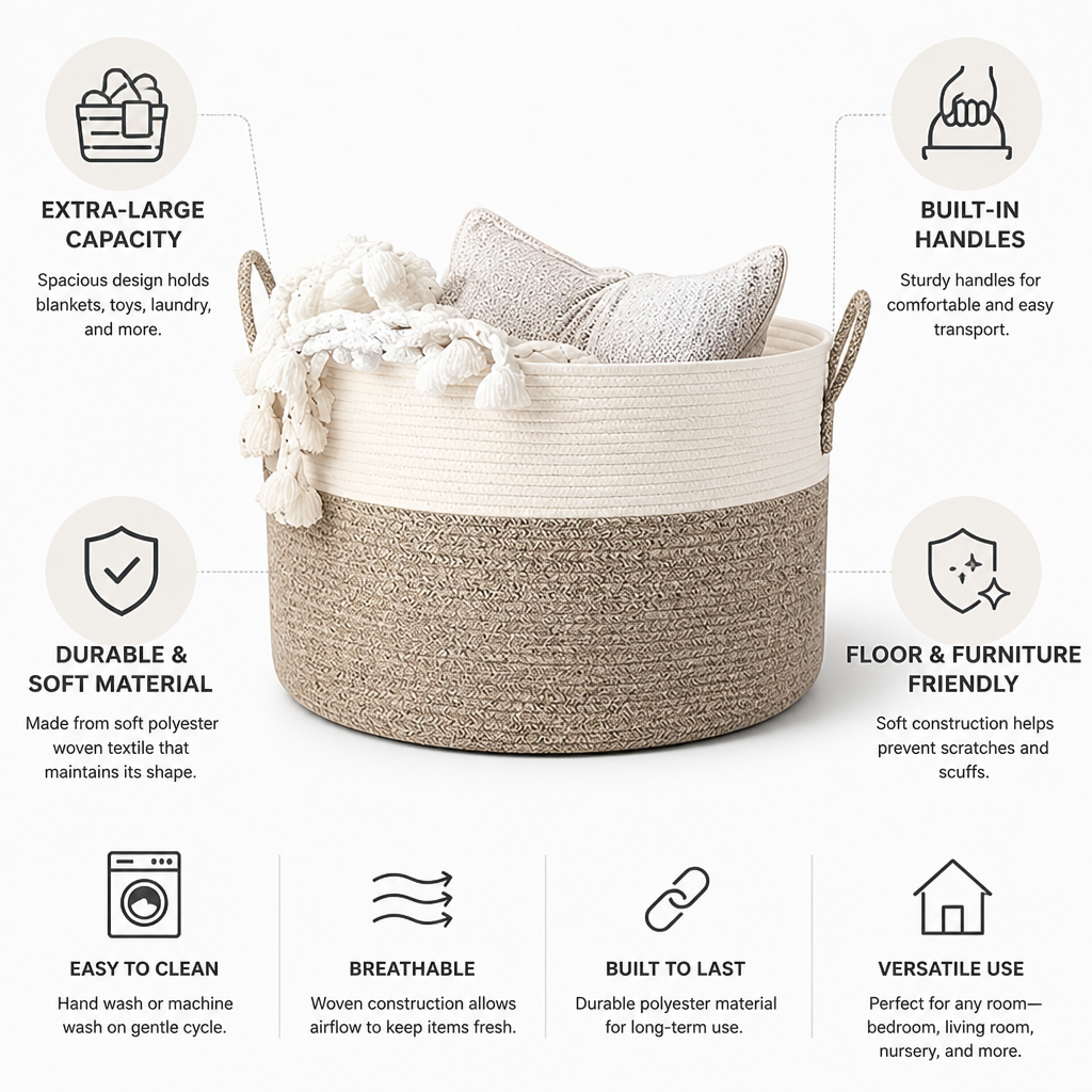 Extra-Large Woven Polyester Storage Basket With Handles