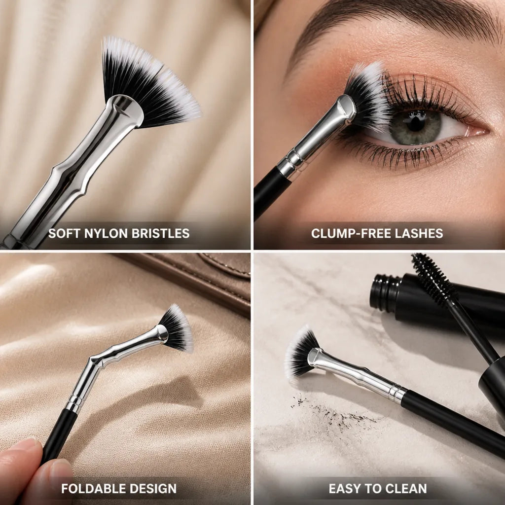 Eyelash Brush Foldable Scalloped Fan Nylon Bristles Wood Handle