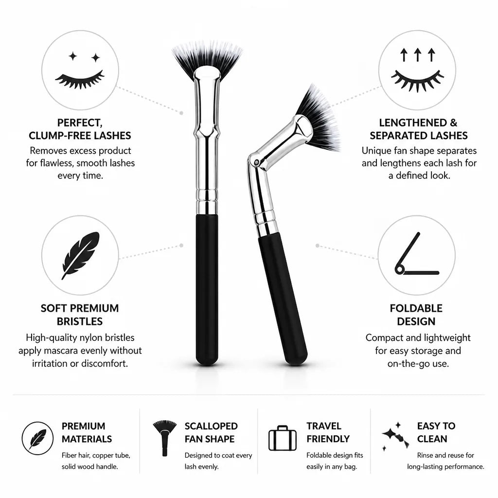 Eyelash Brush Foldable Scalloped Fan Nylon Bristles Wood Handle