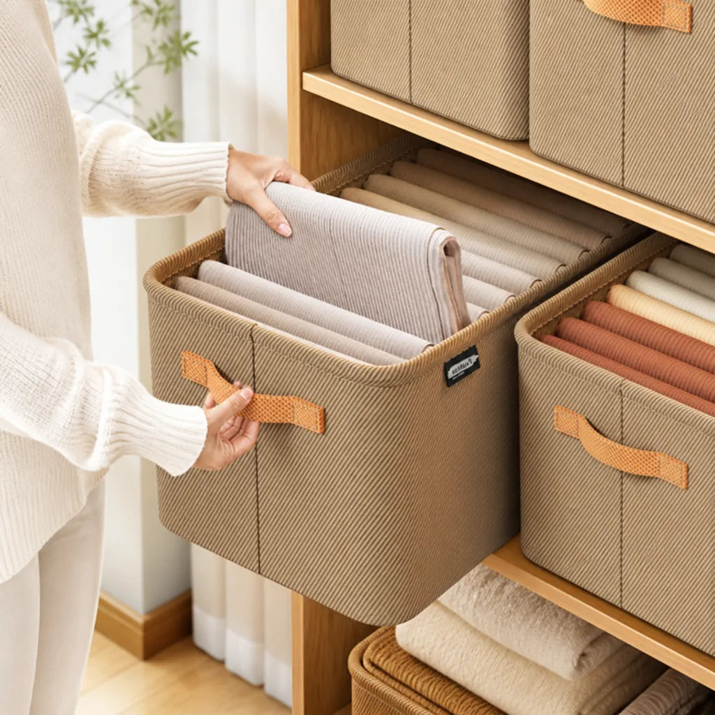 Fabric Storage Box Foldable Corduroy Reinforced Handles
