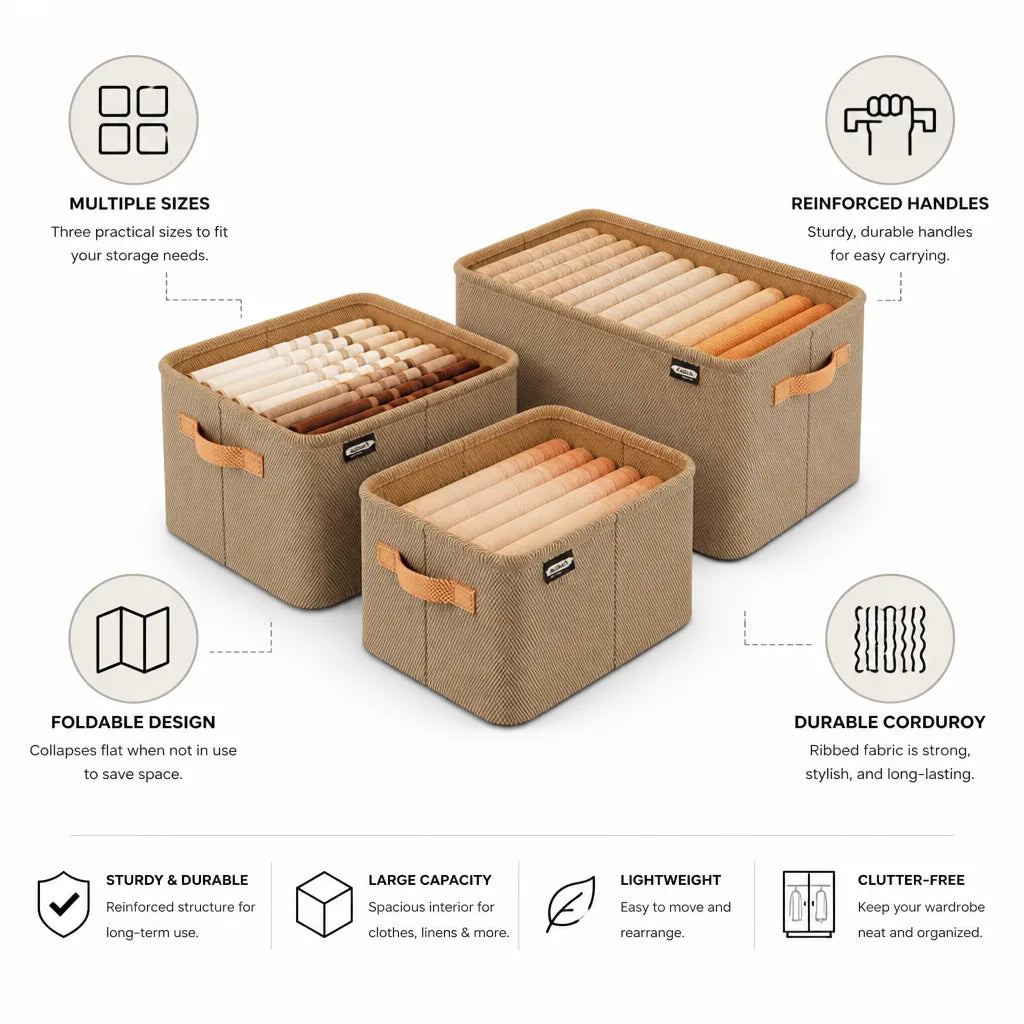 Fabric Storage Box Foldable Corduroy Reinforced Handles
