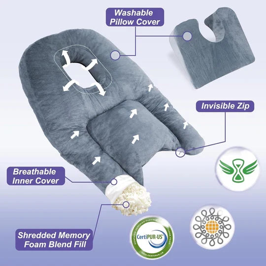 Face-Down Pillow Contoured Memory Foam Washable Velvet Cover