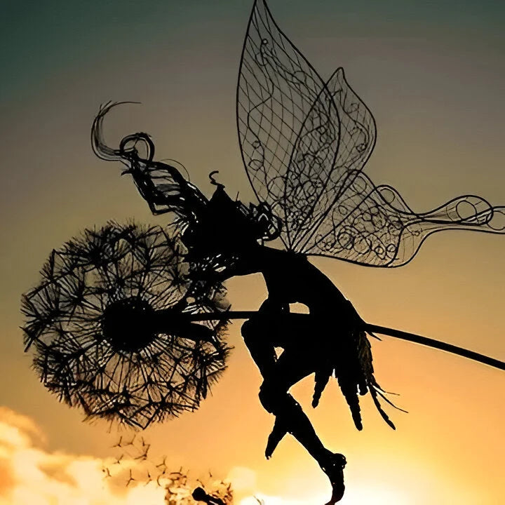 Fairy Garden Sculpture Laser-Cut Steel Powder-Coat Finish Stake Mount