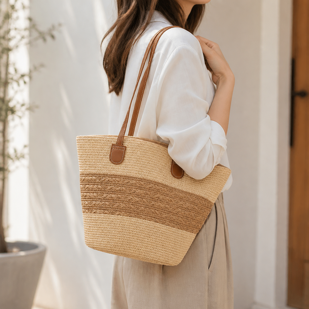 Fan-Shaped Woven Straw Tote (Faux Leather Handles)