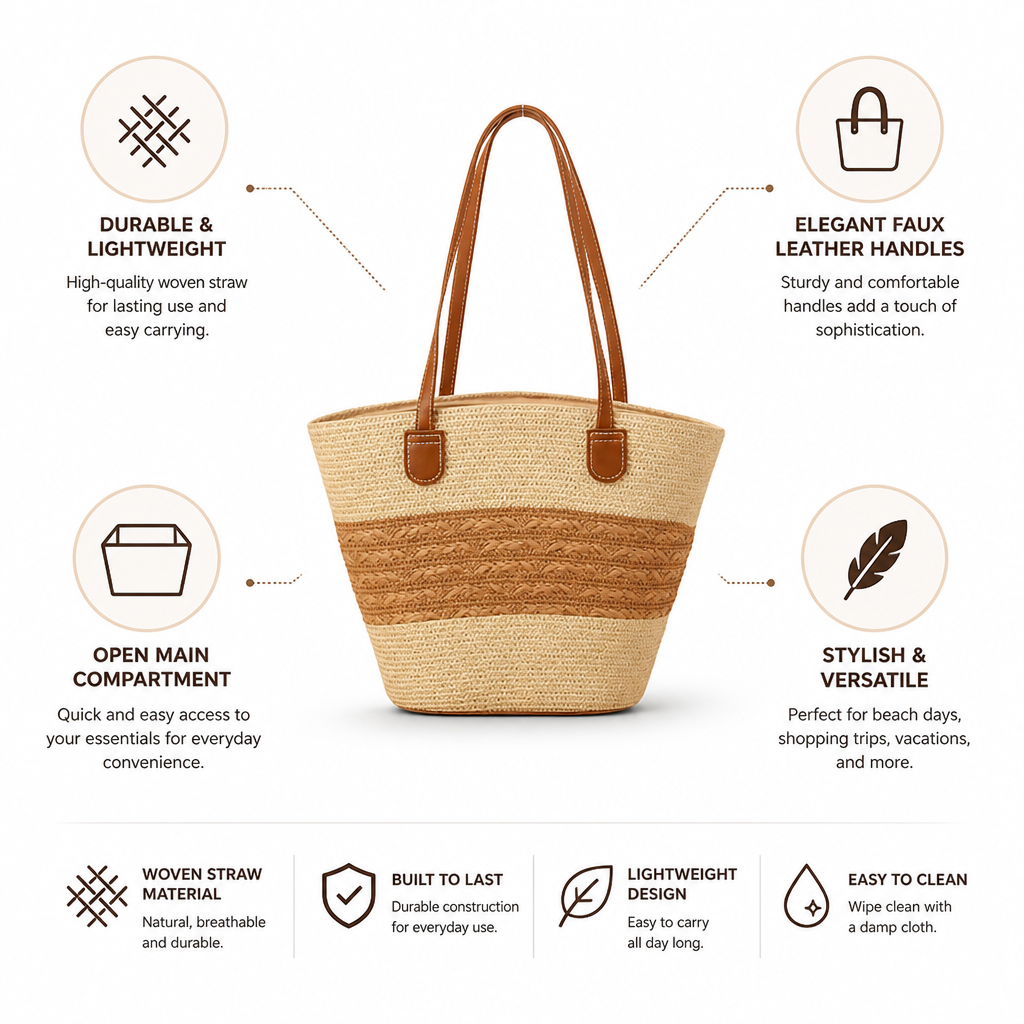 Fan-Shaped Woven Straw Tote (Faux Leather Handles)