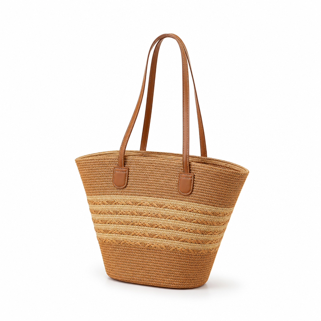 Fan-Shaped Woven Straw Tote (Faux Leather Handles)