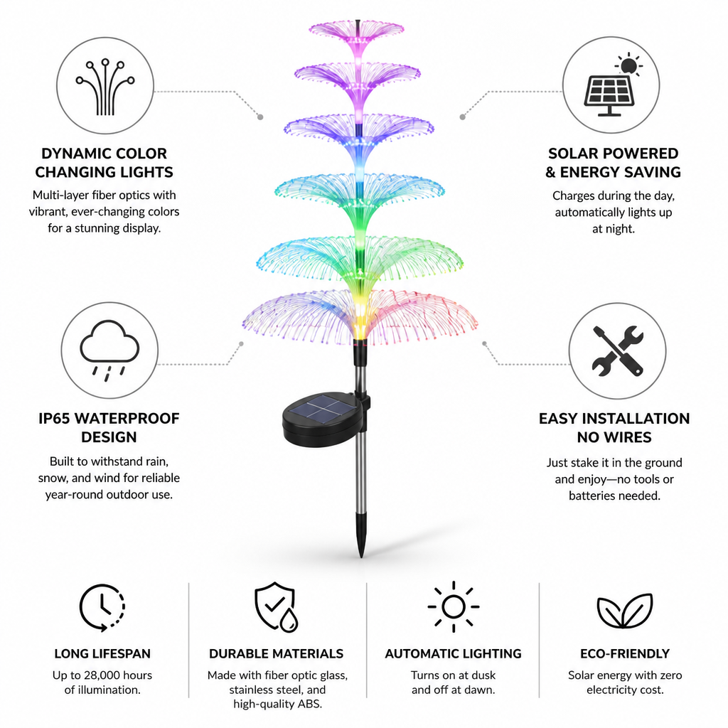 Fiber Optic Color-Changing Solar Garden Stake Light (IP65 Waterproof)