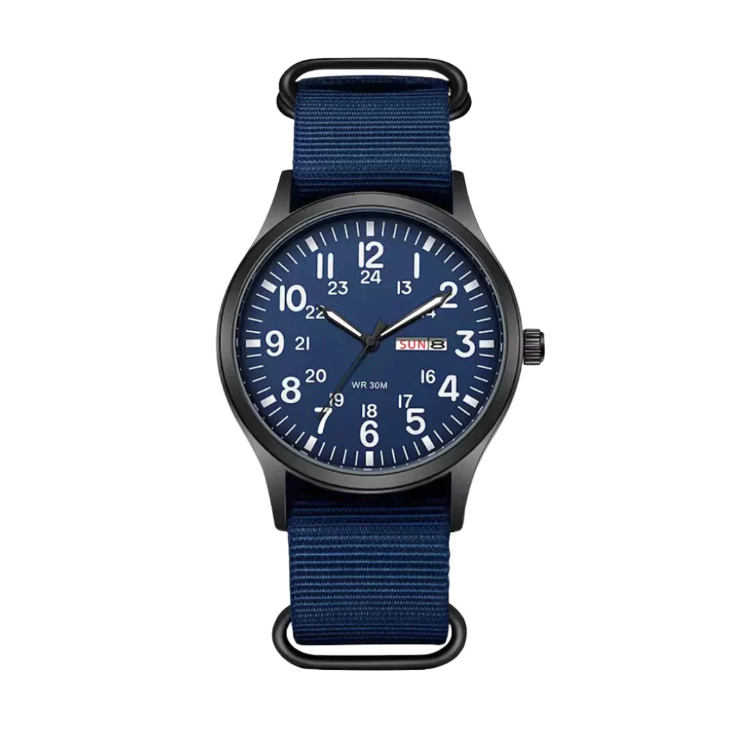 Field Watch Woven Fabric Strap Day-Date Display 24-Hour Dial