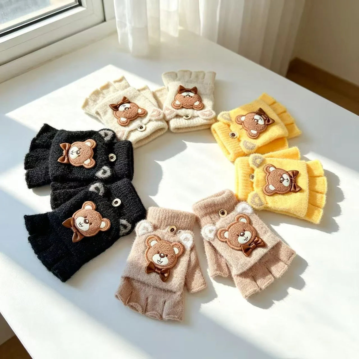 Fingerless Gloves Soft Fabric Bear Print Touchscreen-Friendly