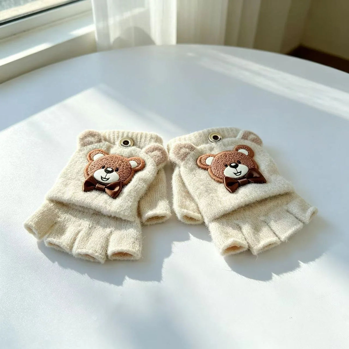 Fingerless Gloves Soft Fabric Bear Print Touchscreen-Friendly