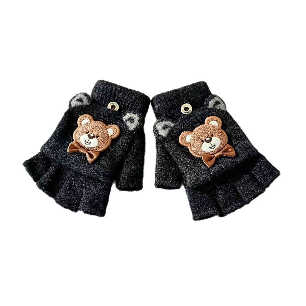 Fingerless Gloves Soft Fabric Bear Print Touchscreen-Friendly