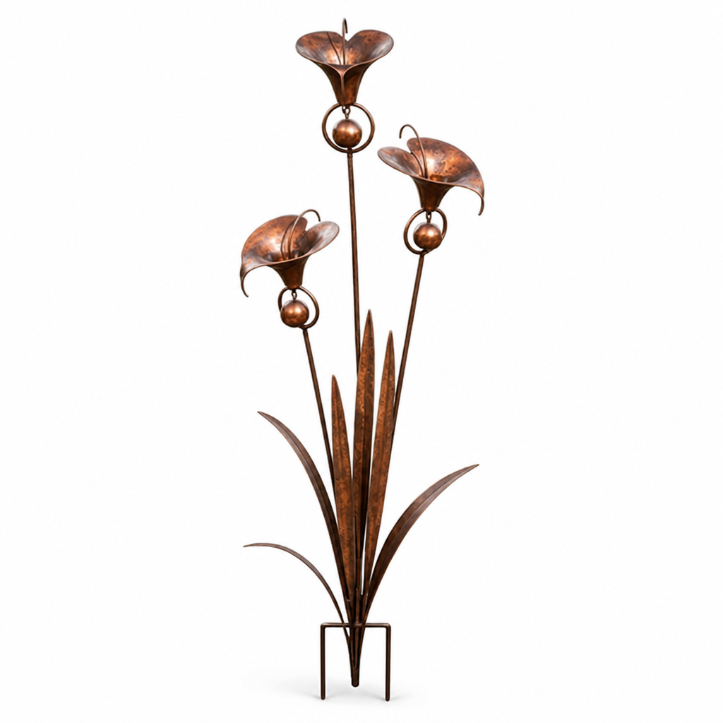 Flame-Treated Copper & Weather-Resistant Iron Garden Stake (Triple Calla Chimes)