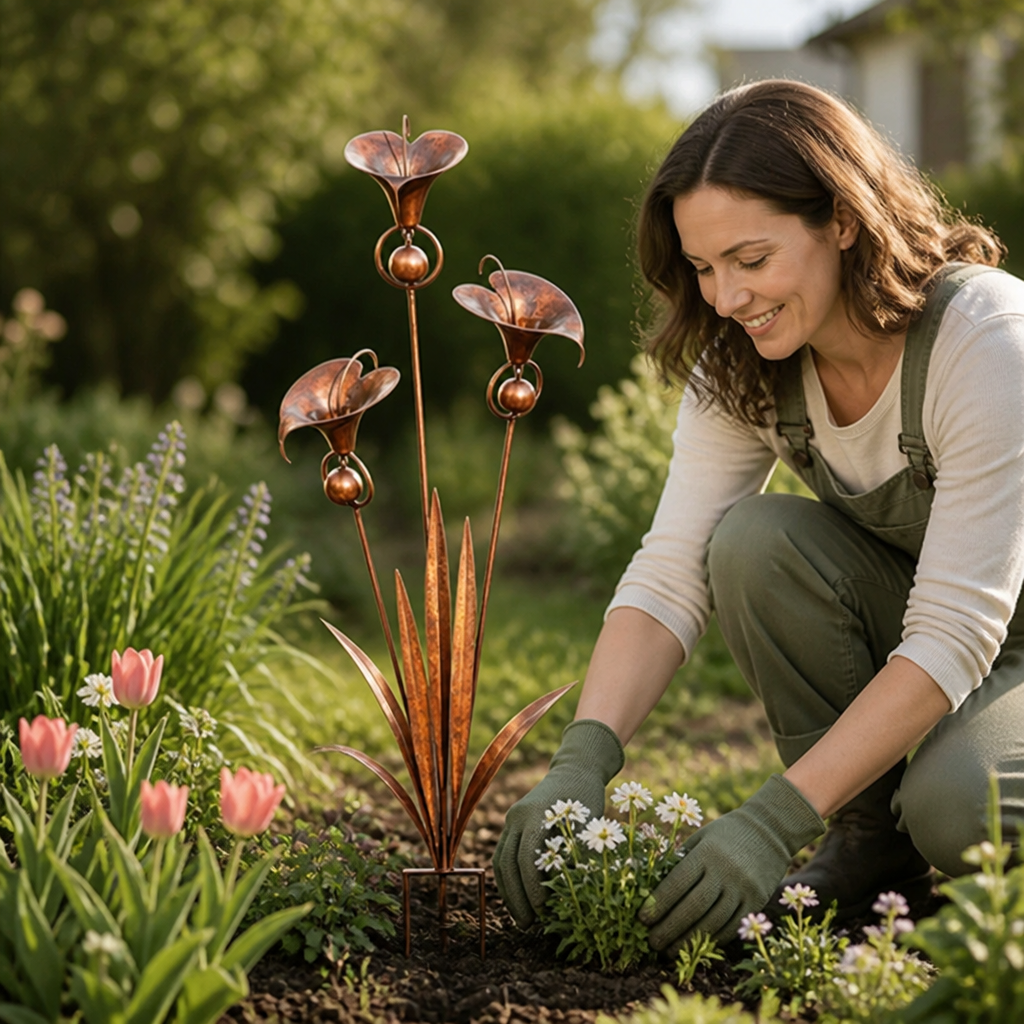 Flame-Treated Copper & Weather-Resistant Iron Garden Stake (Triple Calla Chimes)