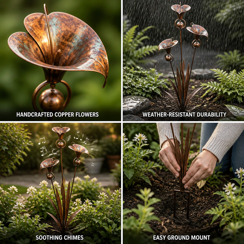 Flame-Treated Copper & Weather-Resistant Iron Garden Stake (Triple Calla Chimes)