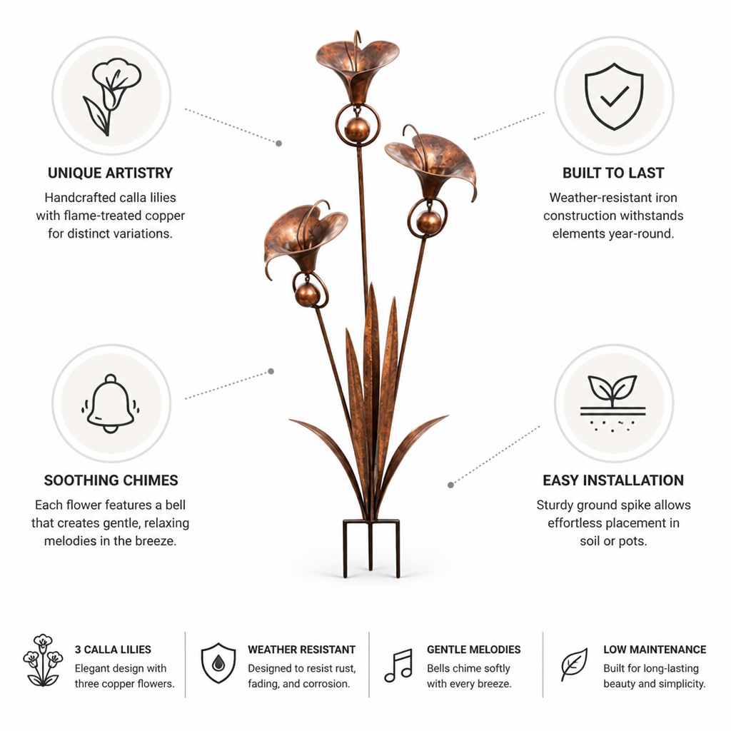 Flame-Treated Copper & Weather-Resistant Iron Garden Stake (Triple Calla Chimes)