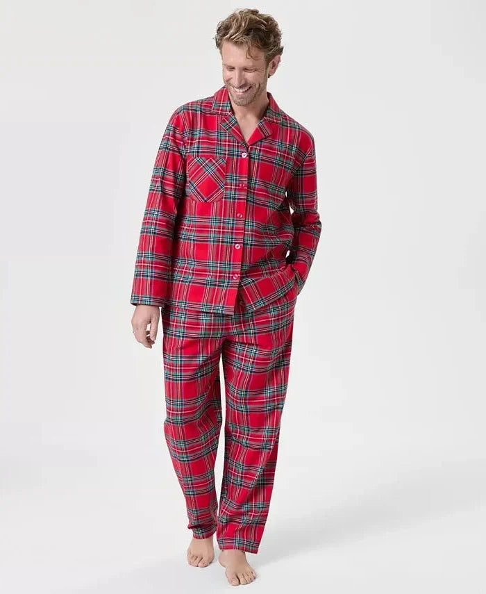 Flannel Pajama Set Plaid Button-Front Drawstring Waist & Side Pockets