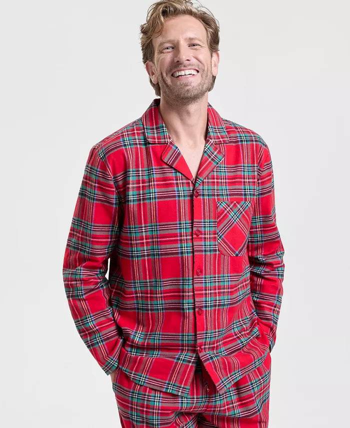 Flannel Pajama Set Plaid Button-Front Drawstring Waist & Side Pockets