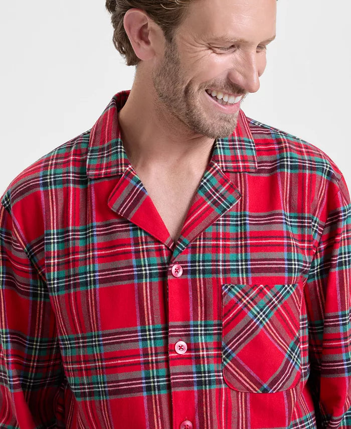 Flannel Pajama Set Plaid Button-Front Drawstring Waist & Side Pockets