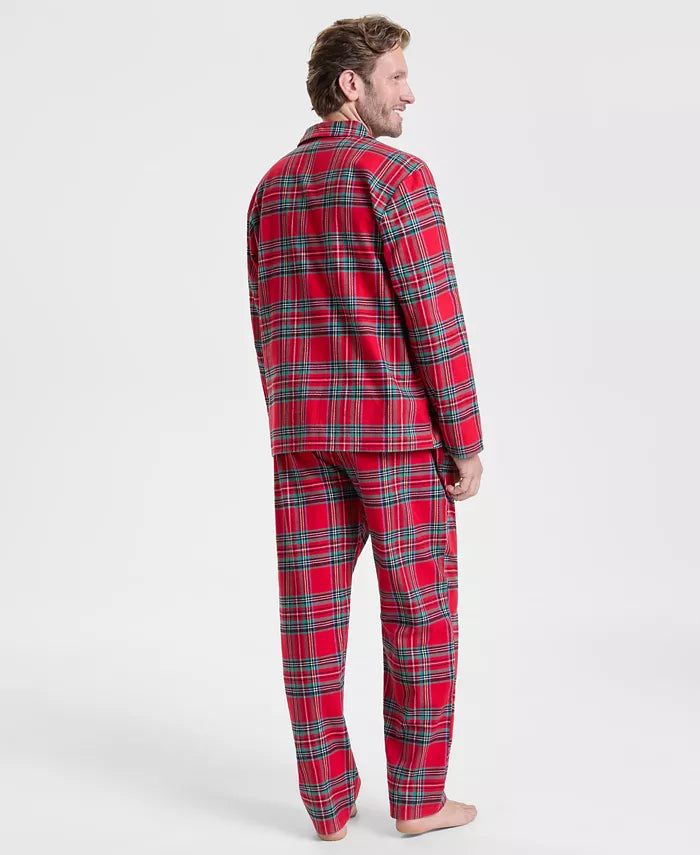 Flannel Pajama Set Plaid Button-Front Drawstring Waist & Side Pockets