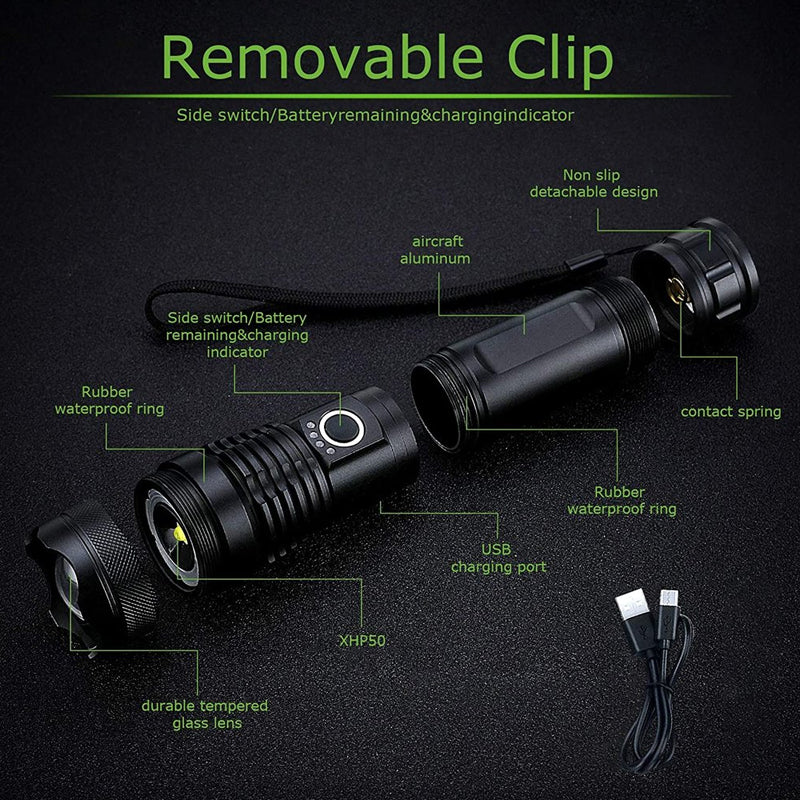 Flashlight 12000 Lumens Adjustable Focus USB Rechargeable IPX8