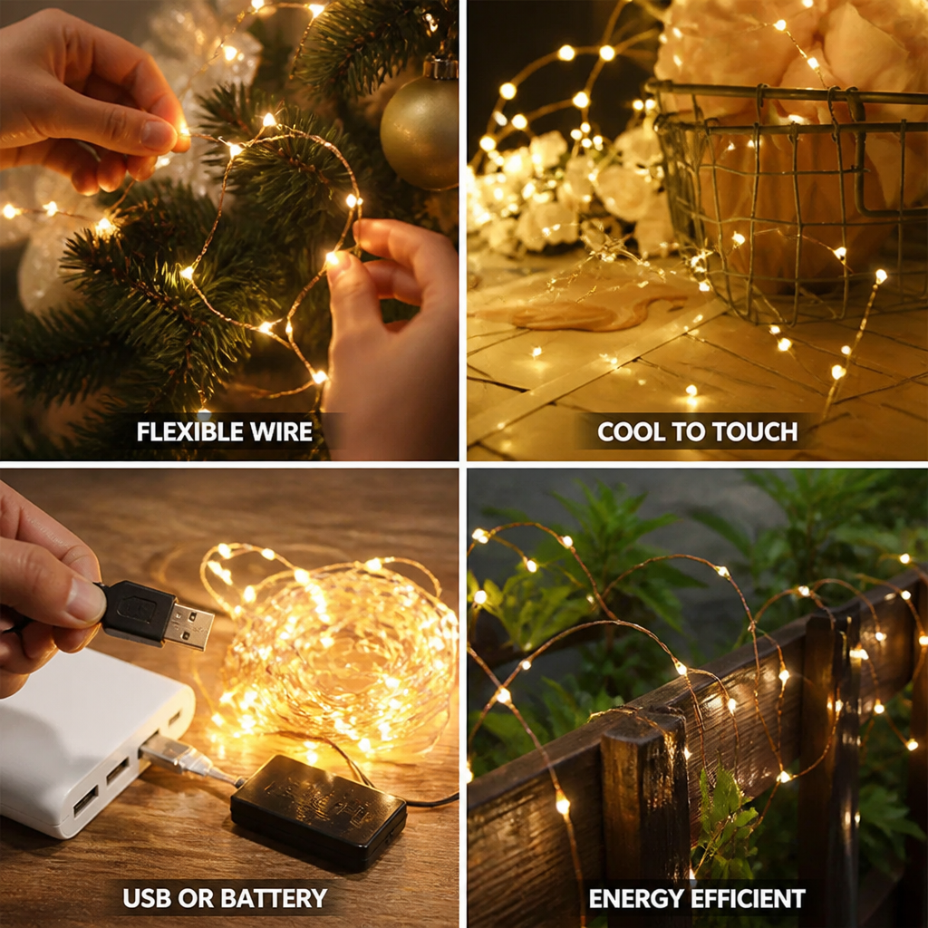 Flexible Copper Wire & Cool-To-Touch LED String Lights (USB/Battery)