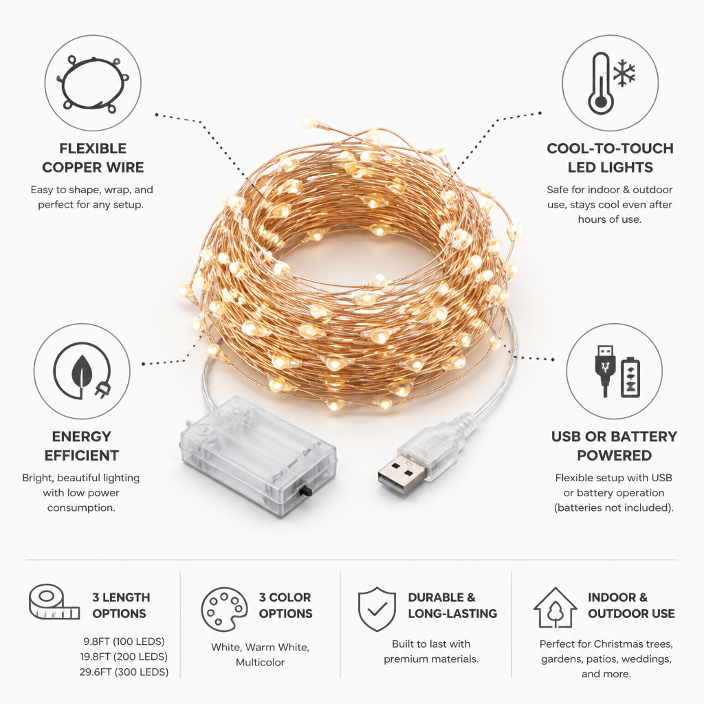 Flexible Copper Wire & Cool-To-Touch LED String Lights (USB/Battery)
