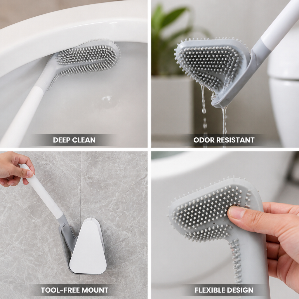 Flexible Silicone Odor-Resistant Toilet Brush (Tool-Free Wall Mount)