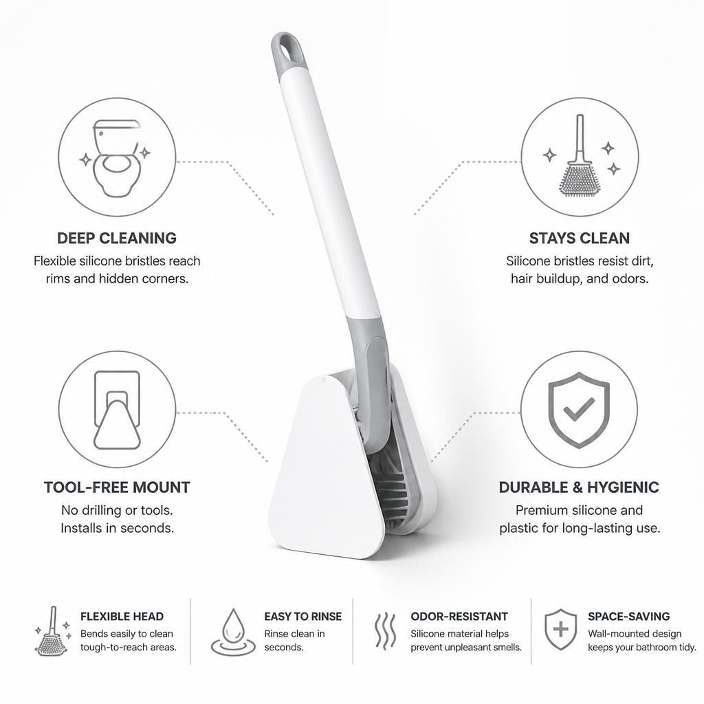 Flexible Silicone Odor-Resistant Toilet Brush (Tool-Free Wall Mount)