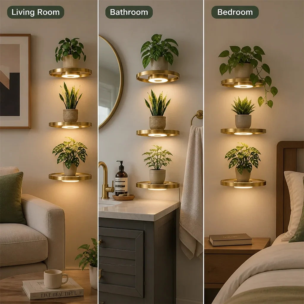 Floating Wall Shelf Built-In LED USB Rechargeable Gold Finish