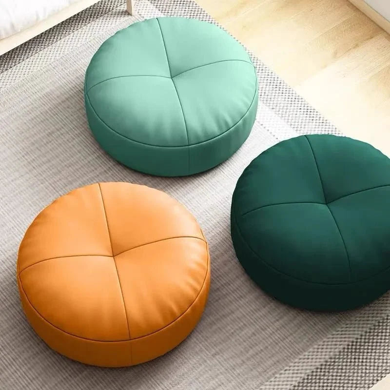 Floor Cushion Round Nappa Leather Cotton Filled