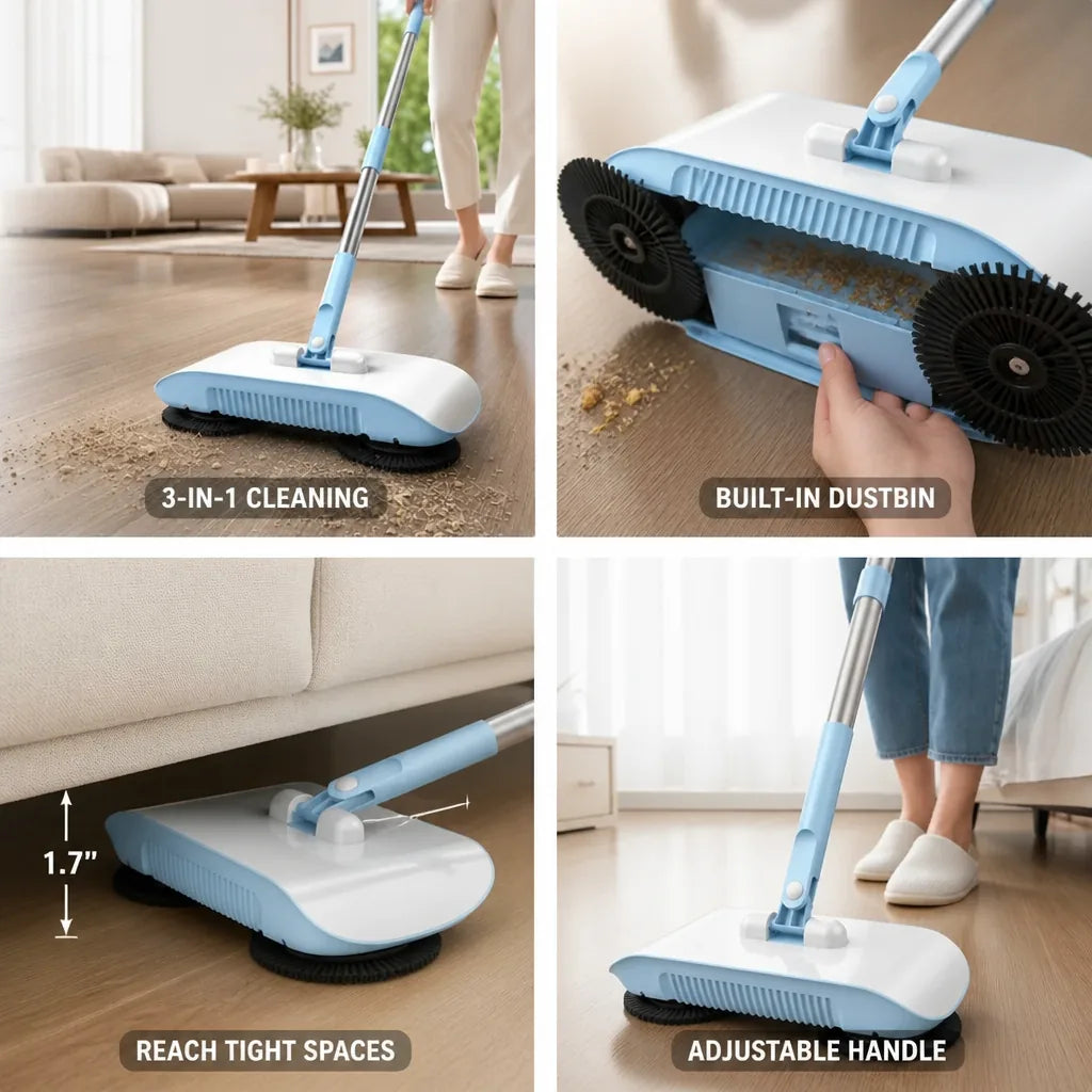 Floor Mop 3-In-1 Swivel Head Adjustable Stainless Steel Handle