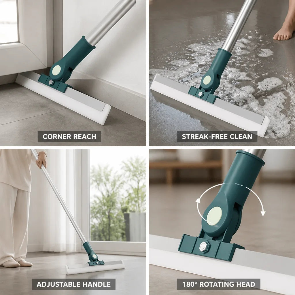 Floor Squeegee 180° Rotating Head Telescopic Handle Streak-Free Silicone