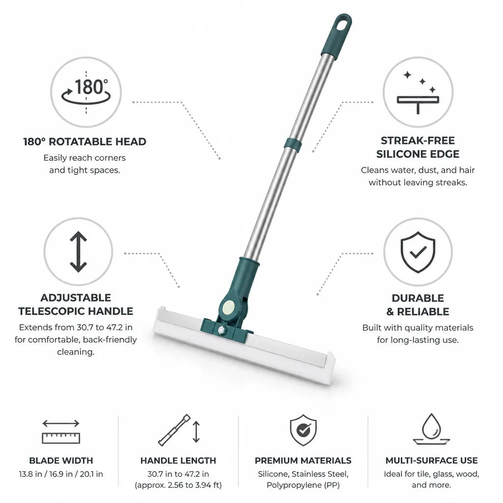 Floor Squeegee 180° Rotating Head Telescopic Handle Streak-Free Silicone