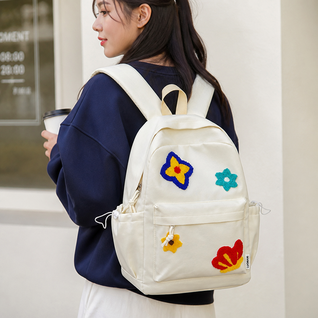 Floral Embroidered Durable Fabric & Padded Straps School Backpack