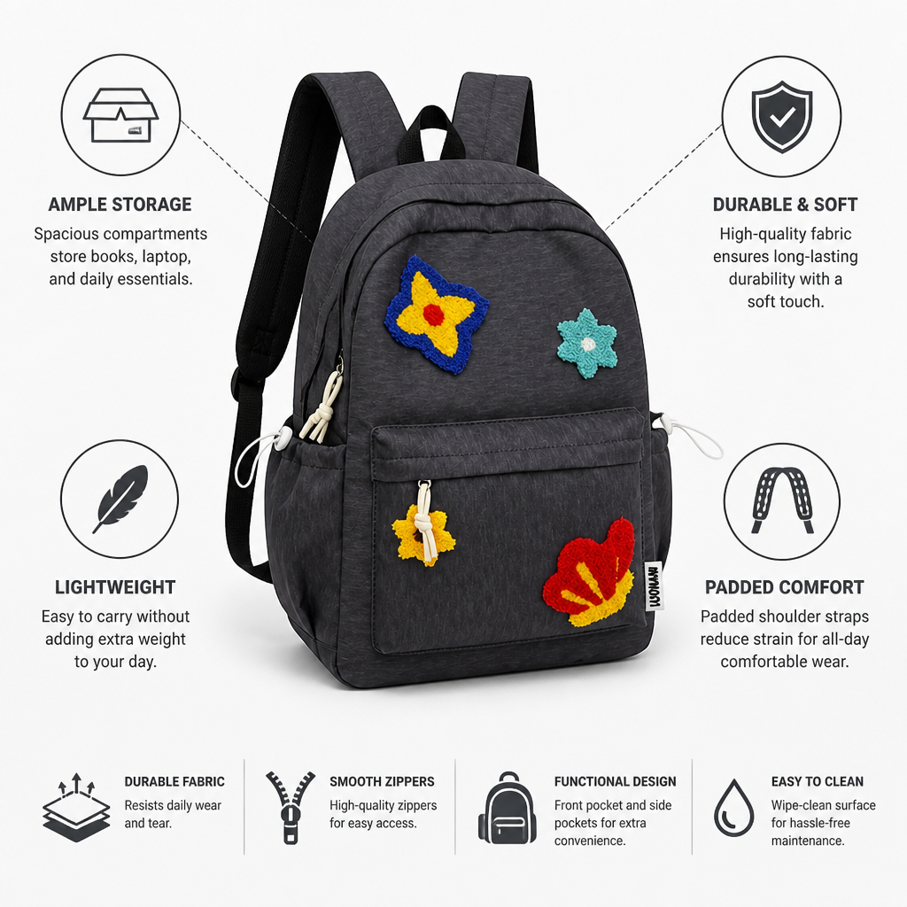 Floral Embroidered Durable Fabric & Padded Straps School Backpack