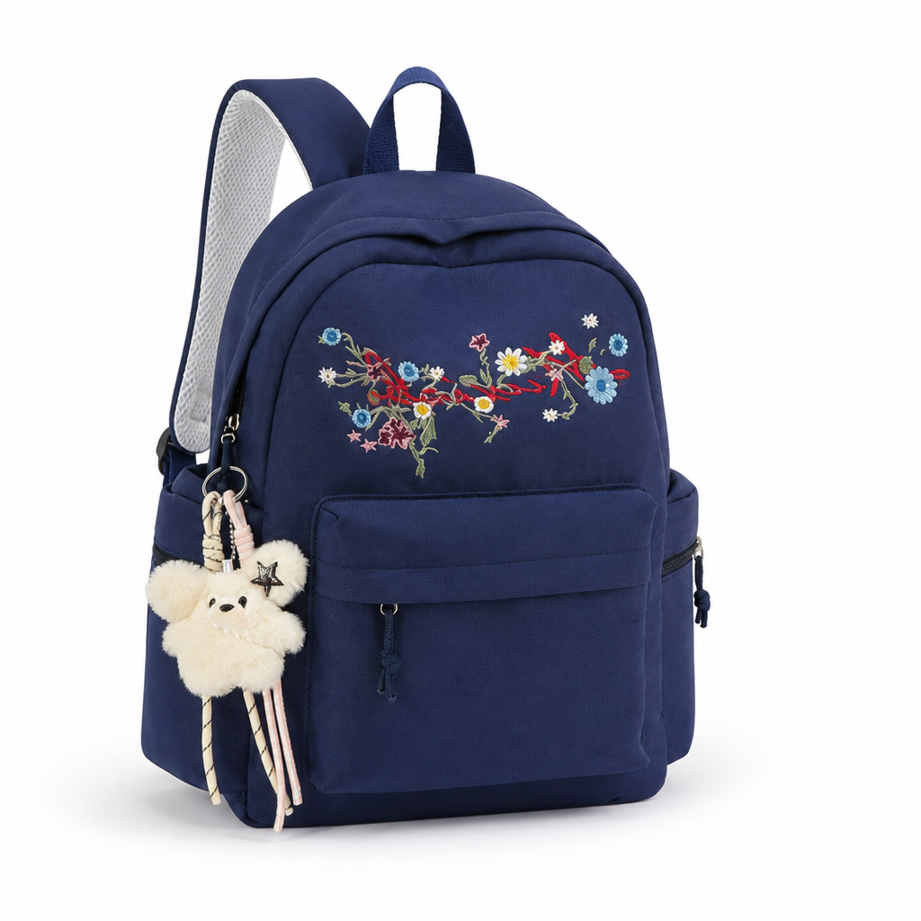 Floral Embroidered Multi-Compartment School Backpack