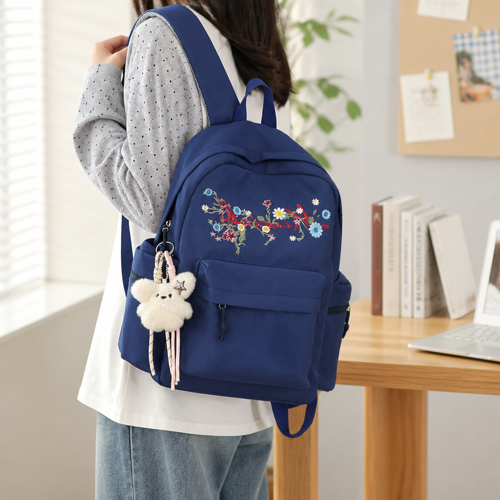 Floral Embroidered Multi-Compartment School Backpack