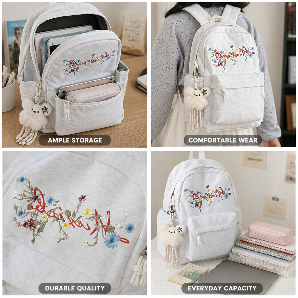 Floral Embroidered Multi-Compartment School Backpack