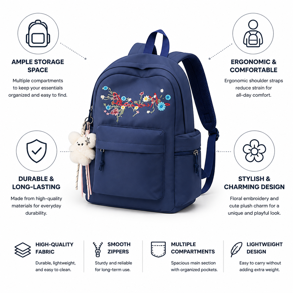 Floral Embroidered Multi-Compartment School Backpack