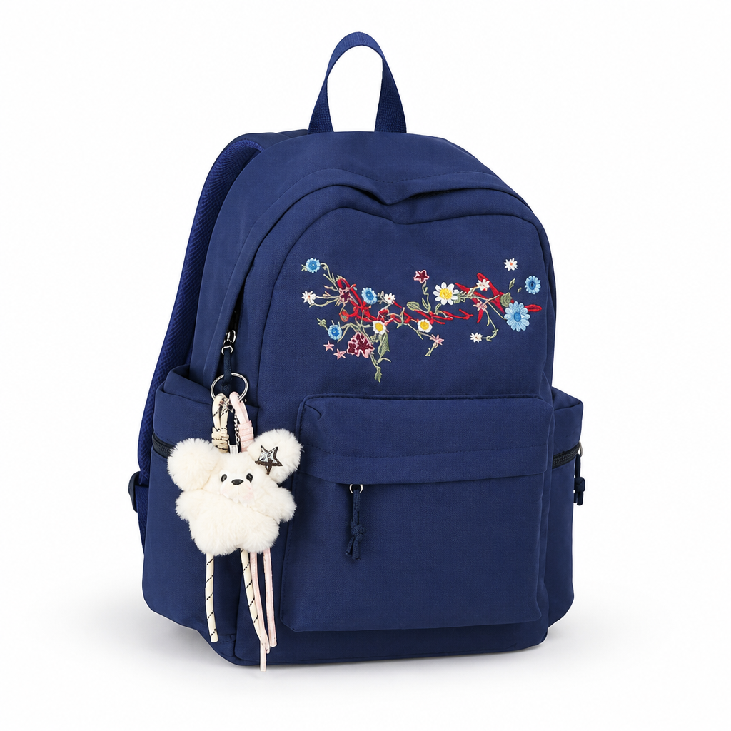 Floral Embroidered Multi-Compartment School Backpack