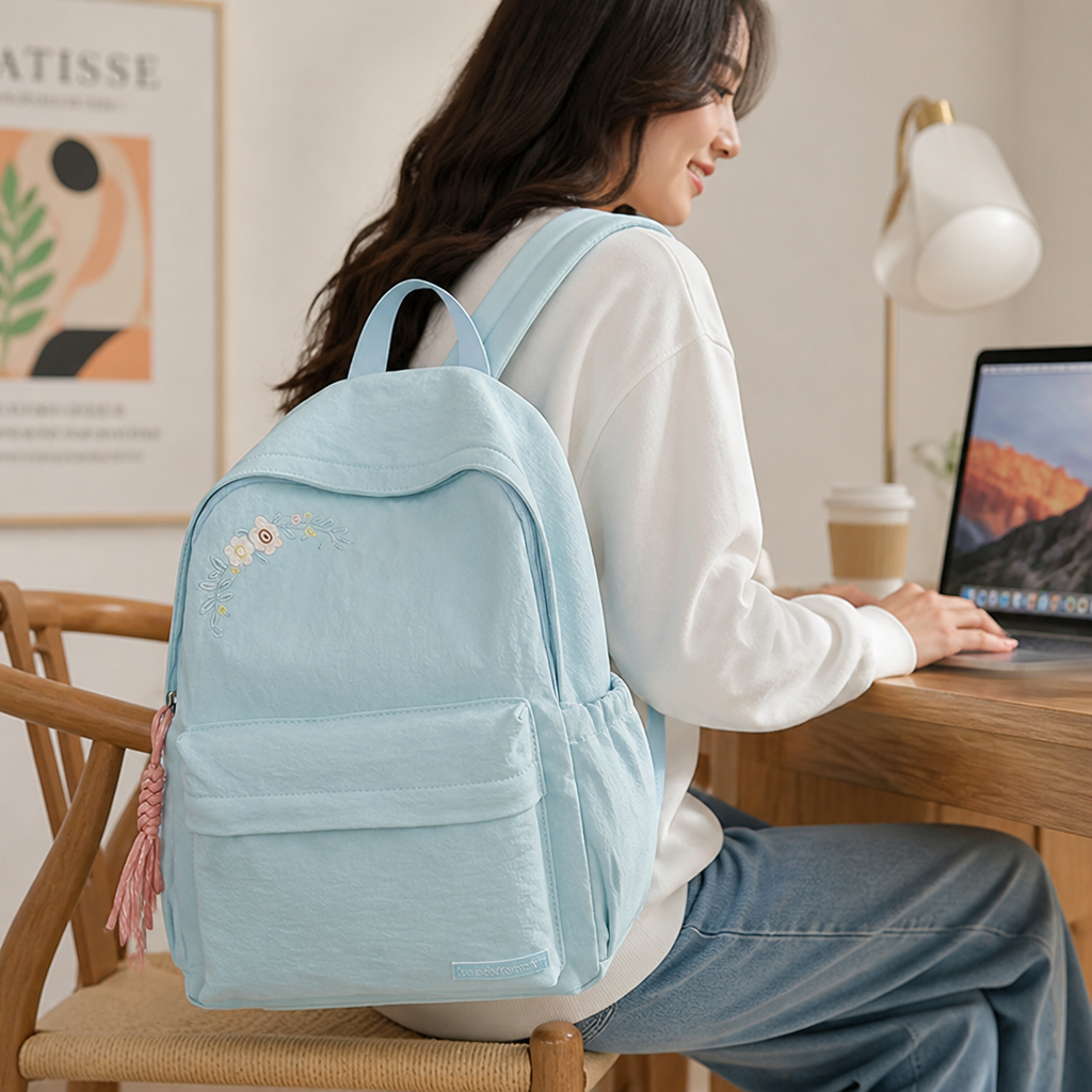 Floral Embroidered Multi-Pocket School Backpack